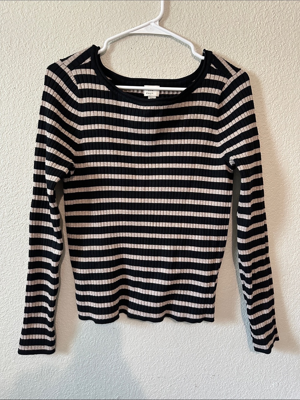 a new day Black & Cream Striped Ribbed Long-Sleeve Top